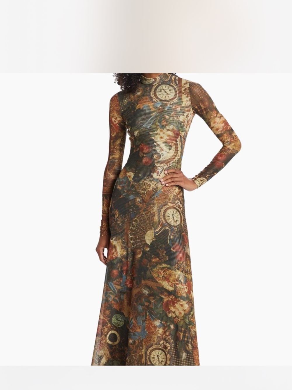 Long Sleeve Floral Clock-Print Maxi Dress - Brown Mix